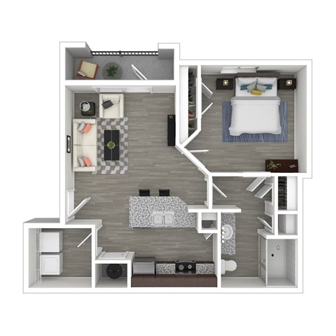 A 3D floor plan of a small apartment with a kitchen, living room, and bedroom.